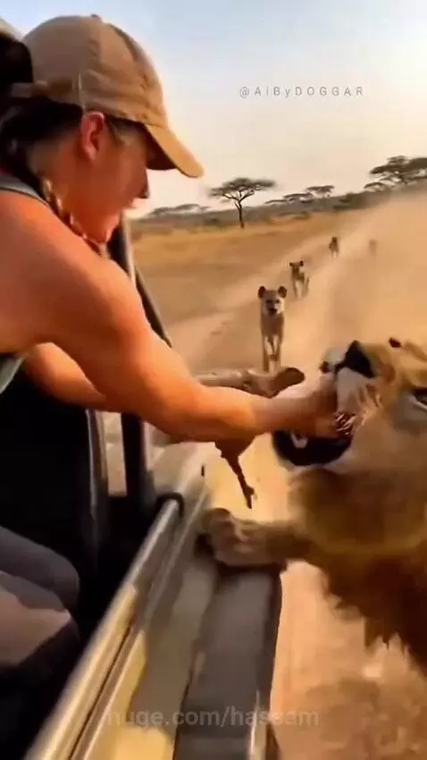 Person in safari vehicle struggling with a lion over a baby animal, hyenas in background.