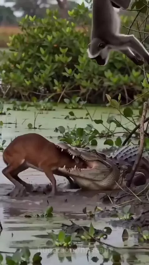 Monkey hitting a crocodile with a stick to save a deer struggling in the water.