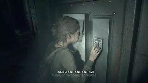 Woman with messy bun, dirty and breathing heavily, intently pressing buttons on a keypad attached to a large armored safe in a dark room.