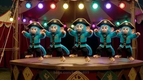Five fuzzy turquoise monkeys in pirate outfits dancing in unison on a brightly lit circus stage.