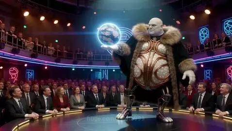 Anthropomorphic figure in a black cloak holds a glowing planet in a futuristic neon arena with an applauding audience.