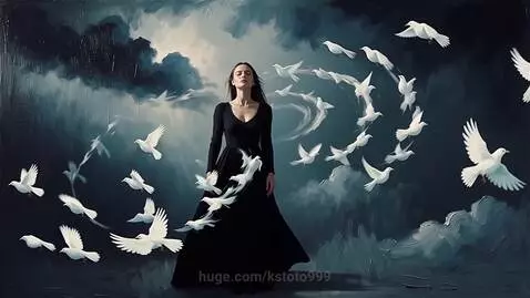 Expressive oil painting of a woman in a black dress with white doves ascending around her against a dark, textured background.