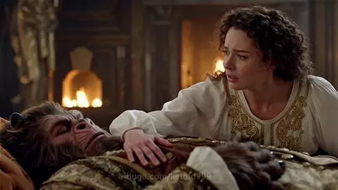 Woman with curly brown hair gently touches an exhausted Beast lying on a couch, with a fireplace in the background.