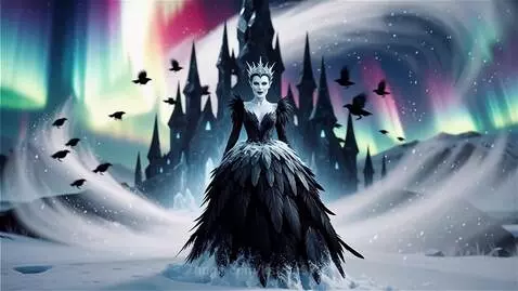 Ice witch with porcelain skin, black feathered dress, and icy crown, surrounded by swirling snow and black birds.