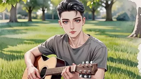 AI-generated illustration of a young man with dark hair and grey eyes playing an acoustic guitar in a park.