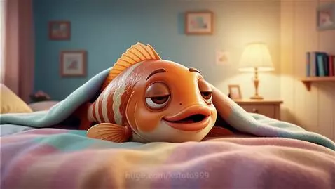 Cartoon orange fish with white stripes sleeping on a bed under a colorful blanket.