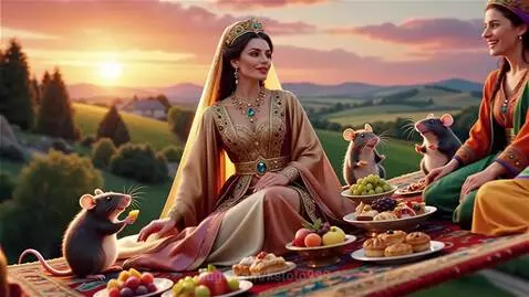 Three women in ornate attire on a rug with fruits and rats, with a sunset and hills in the background.