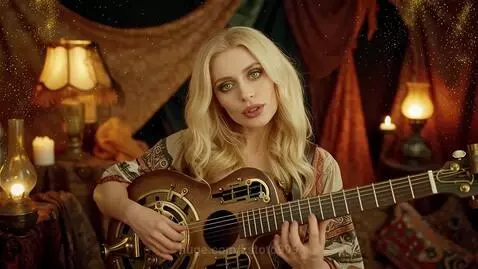 Blonde woman with green eyes playing a steampunk acoustic guitar in a warm, candlelit, bohemian-style setting with golden sparkles.