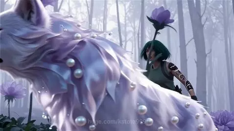 A white and lavender wolf-like creature with glowing blue eyes in a foggy forest with giant lavender flowers.