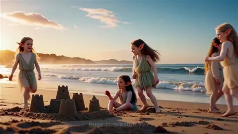 Young girls dressed as elves with pointed ears playing on a beach at sunset, building a sandcastle.
