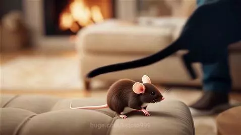 A black cat hugs a teddy bear, followed by a mouse on a cushion and a man's lap, ending with the man smiling at the mouse.