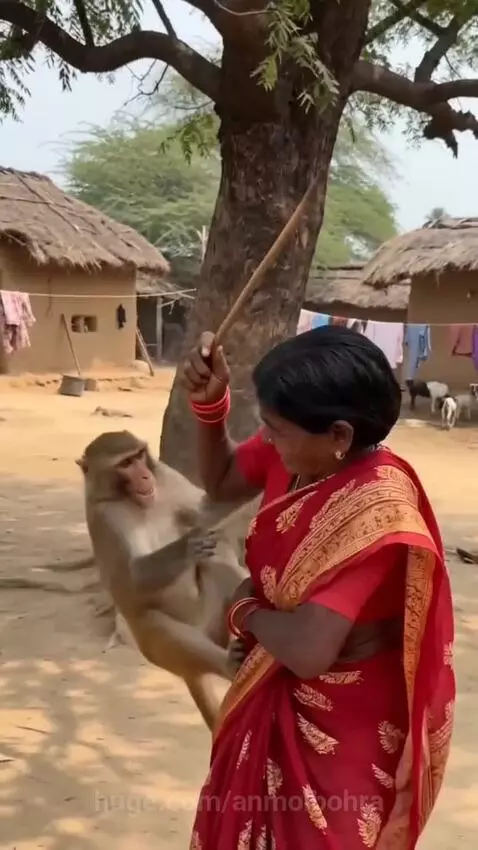Elderly woman in red sari laughing as a monkey playfully tugs at her clothing in a rural village.