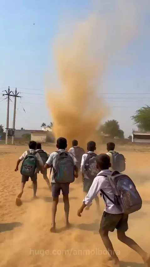 Young schoolboys excitedly running into a large dust devil in a sandy field.