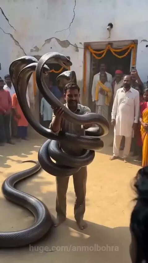 Man in a courtyard surrounded by large, coiled cobras with flared hoods, smiling at the crowd.