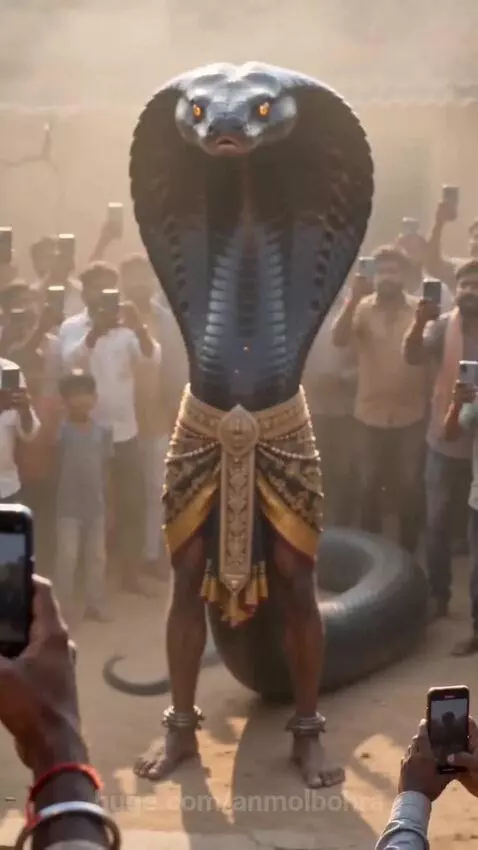 Villagers film an anthropomorphic cobra-like creature, identified as Sheshnag, breathing fire.