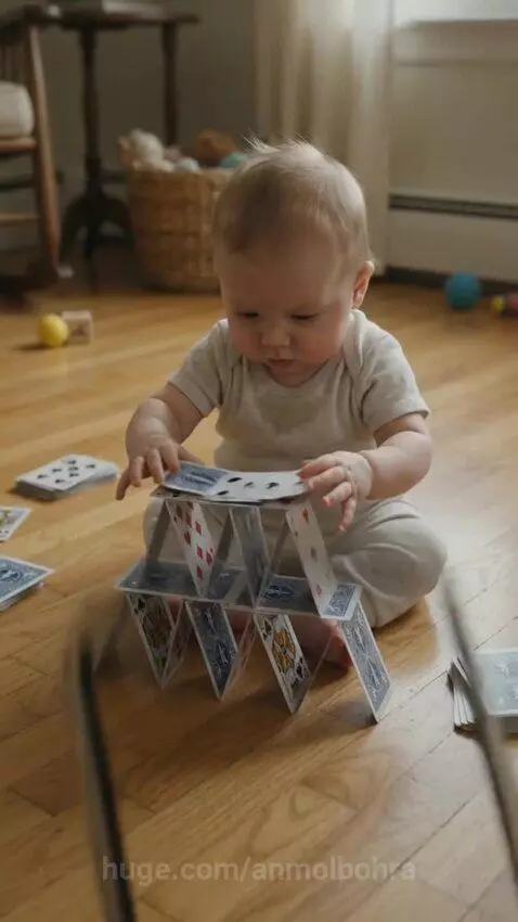 Baby crying after a sneeze causes a collapsed card pyramid on a wooden floor.
