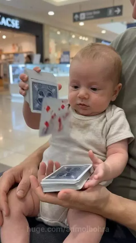 Baby watching intently as an adult performs a card trick, then smiling and laughing.