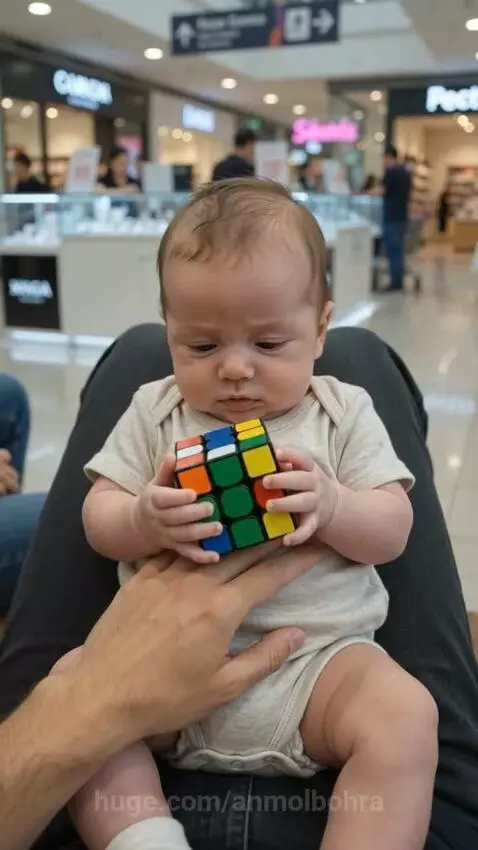 Baby sitting on a lap, concentrating on a Rubik's cube, then laughing.