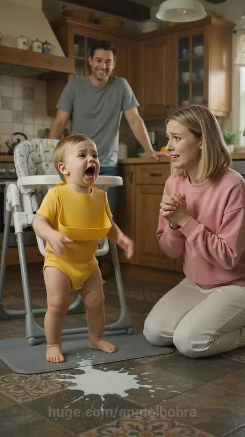 A baby in a yellow onesie laughs while a mother cleans up spilled milk in a kitchen.