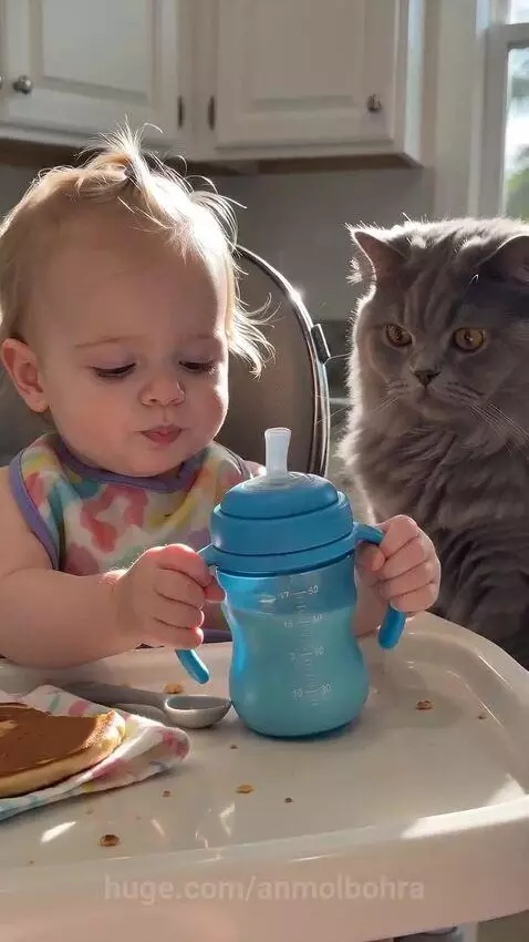 Baby in high chair holding sippy cup, cat tries to lick straw, baby says "No! My milk."