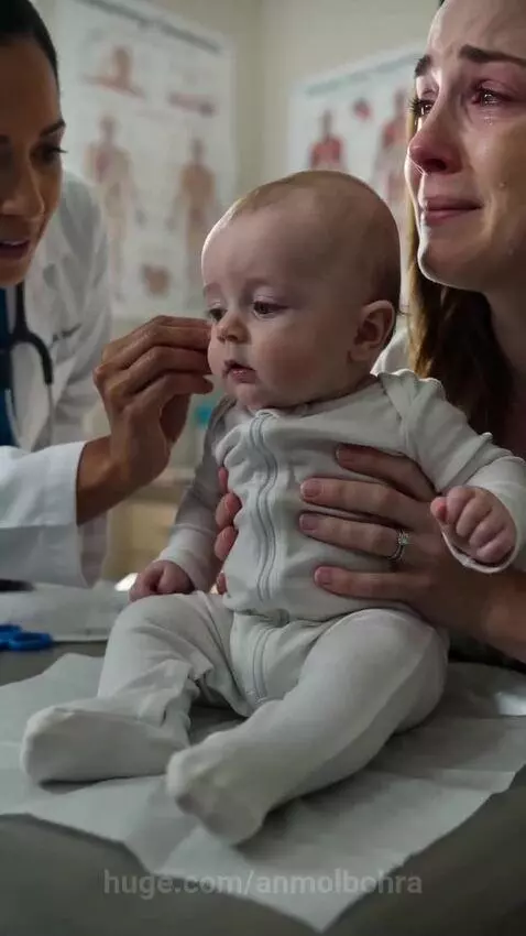 Baby with hearing aid smiles joyfully as he hears his father's voice for the first time.