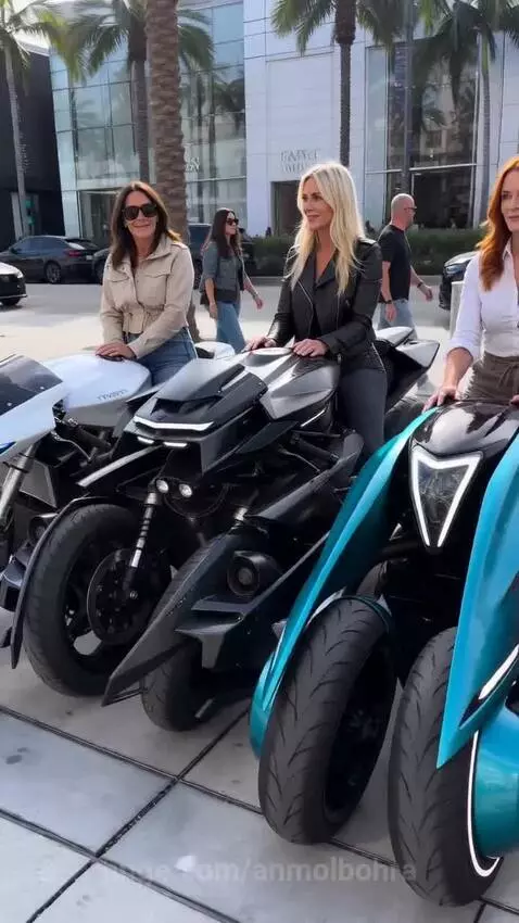 Four women in casual attire posing with distinct futuristic motorcycles and three-wheeled vehicles in an urban environment.
