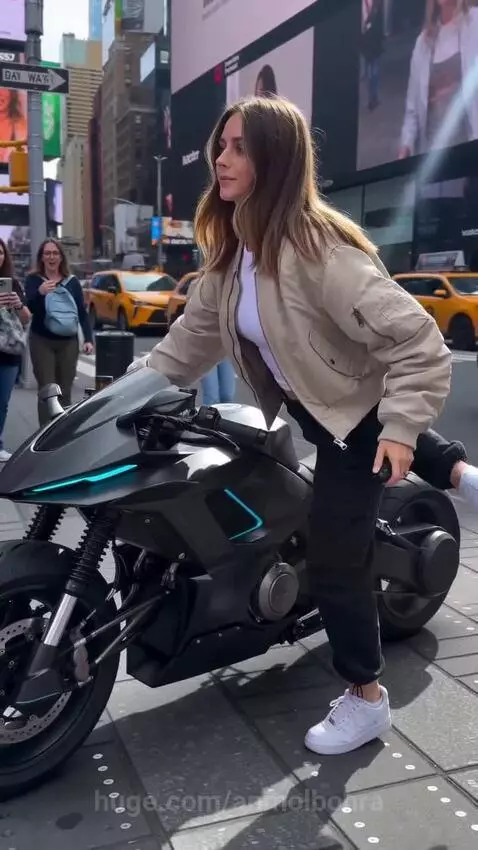 Woman with futuristic motorcycle that folds into a backpack, onlookers filming.