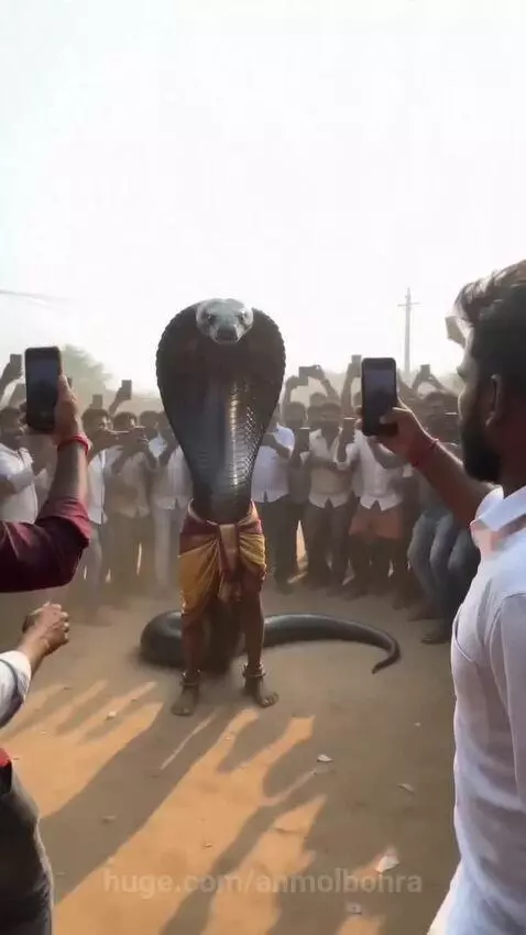 Person in a large cobra costume with human legs breathes fire in front of a crowd of people recording on their phones.