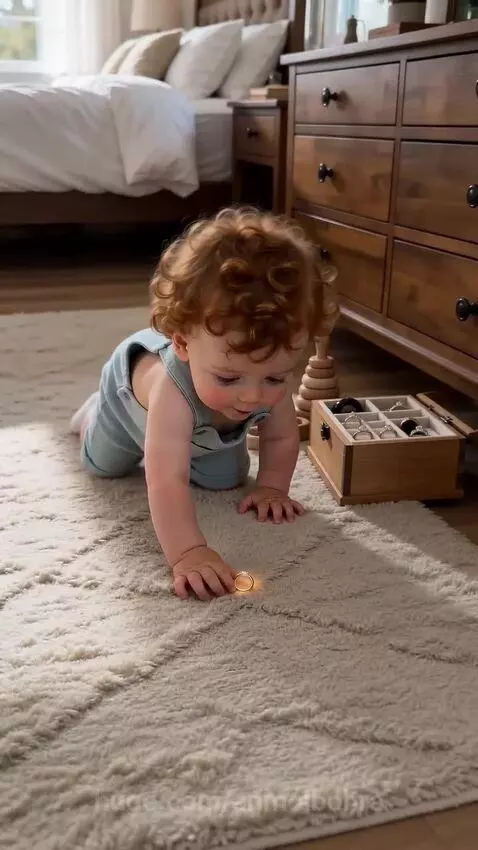 Baby crawling on the floor, holding a ring, and smiling up at their mother.