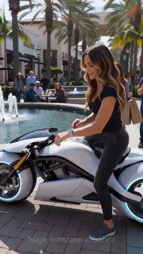 Woman stops futuristic white motorcycle with blue lights, which transforms into a humanoid robot butler.