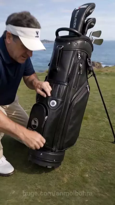 A golf bag transforms into a single-wheel scooter on a golf course.