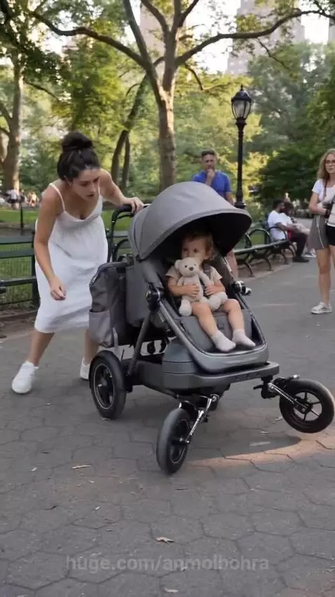 Woman transforms a baby stroller into an electric cargo bike in a park.