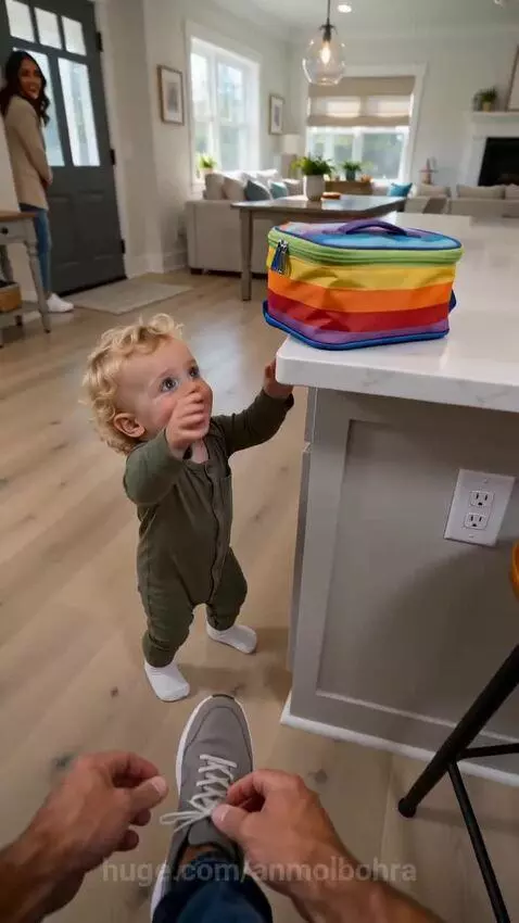 Baby with curly blonde hair in a green onesie holding a colorful lunchbox, walking towards his mother.