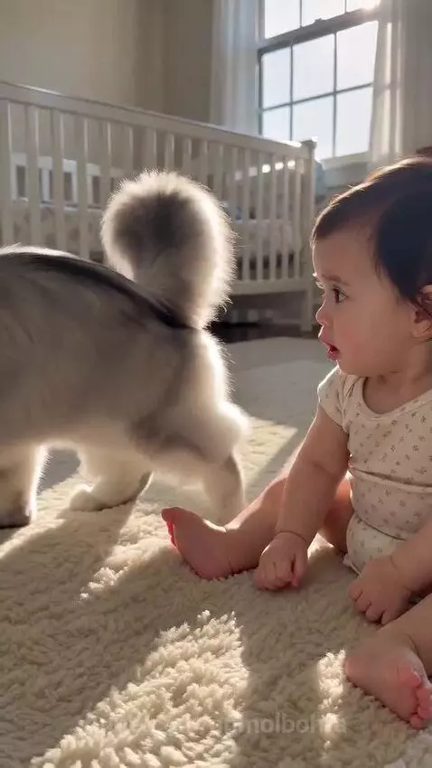 Fluffy cat sitting next to a baby, holding a blue sock in its mouth.