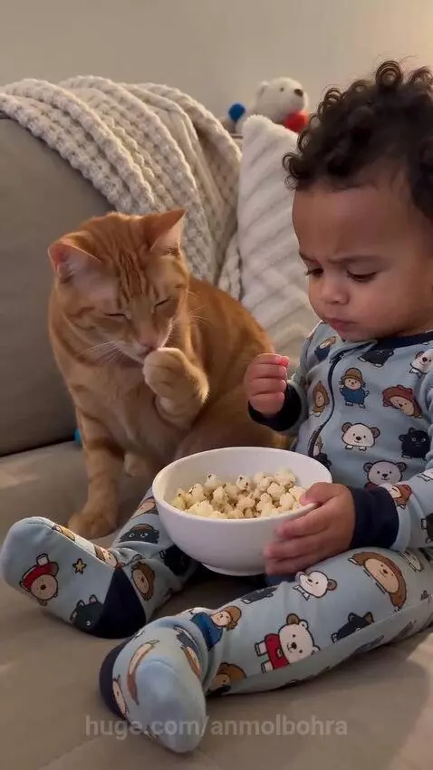 Baby in blue pajamas looking surprised as an orange cat steals popcorn from a bowl.