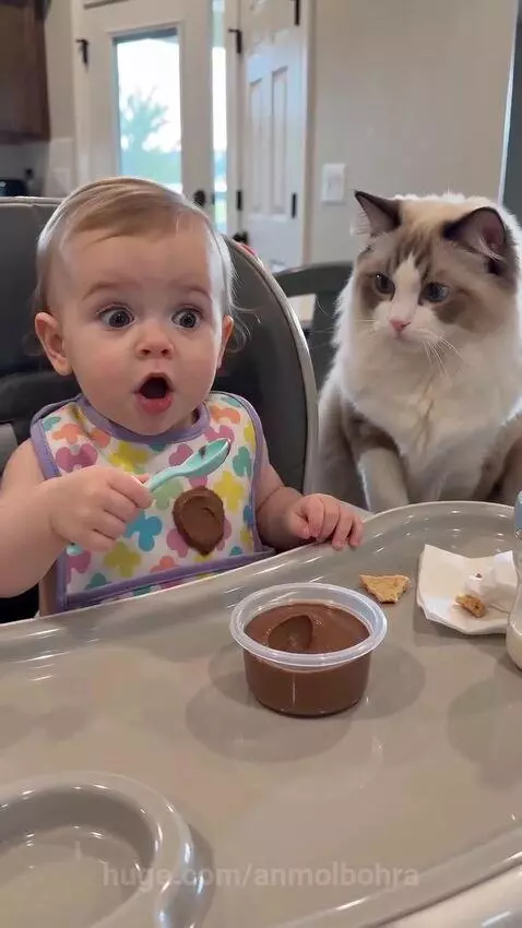 Baby eating pudding, cat gently taps spoon with paw, baby says "No touch, kitty!"