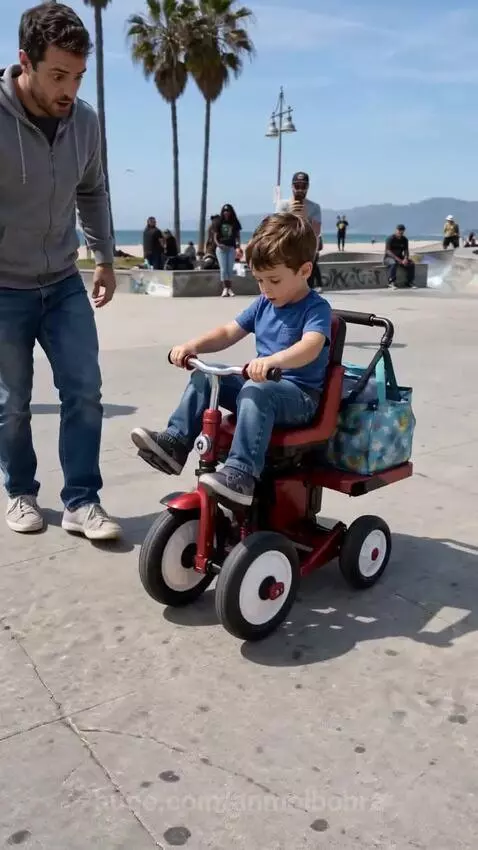 A father and son on a beach boardwalk, a red tricycle transforms into a four-wheeled electric cargo trike with an adult seat.