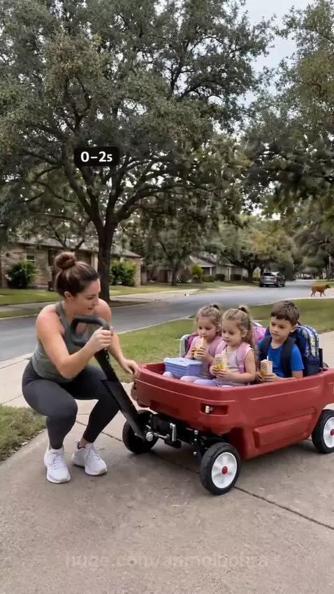 Mom transforms a red wagon into an electric vehicle for her children.