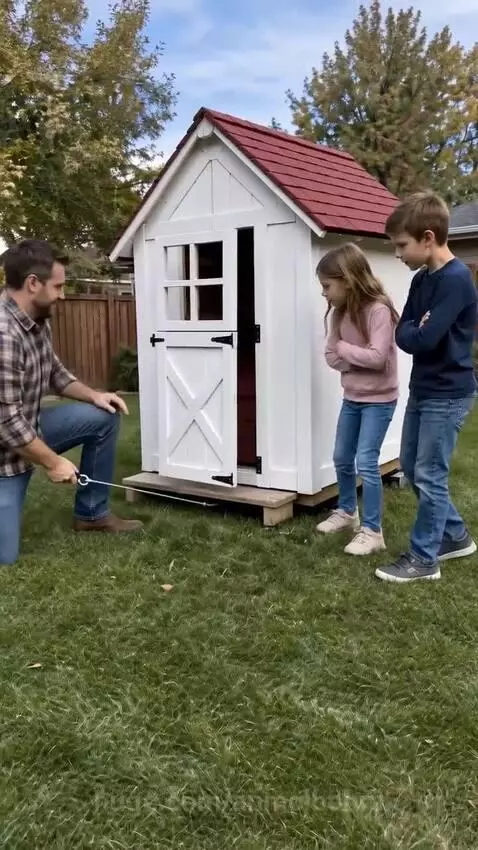 A wooden playhouse transforms into a mobile camper with wheels and seats for children.