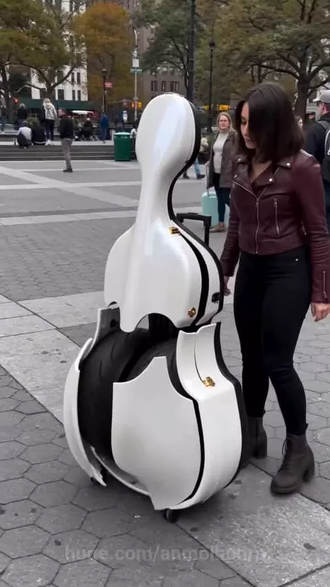 A woman stands next to a cello-shaped case that has transformed into a futuristic motorcycle with large wheels.