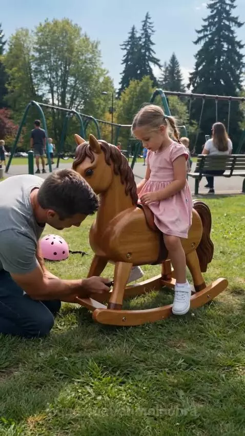 A young girl gasps in surprise as a wooden rocking horse transforms into an electric ride-on pony.