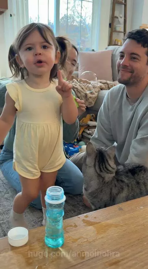 Family playing with bubbles in living room, toddler pointing at bubbles, cat nearby.