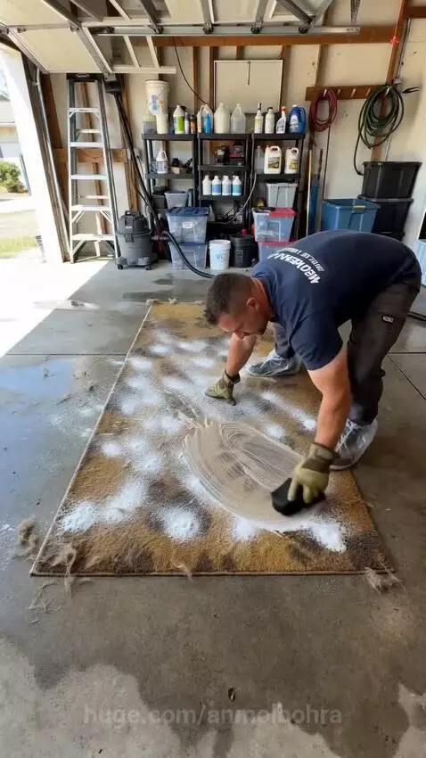 A man pressure washing a dirty rug with paw prints, revealing a clean rug underneath.