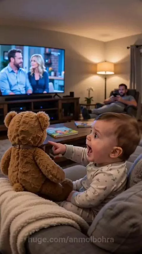 Baby in a white star-patterned onesie points at a teddy bear held by an adult hand, looking intently.