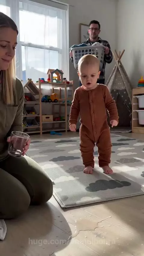 Baby points at a spilled drink on the floor while mom cleans it up.