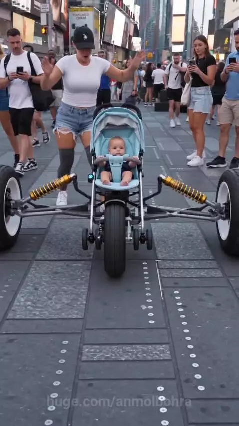 Woman riding a futuristic blue three-wheeled vehicle with a baby in a clear front compartment.