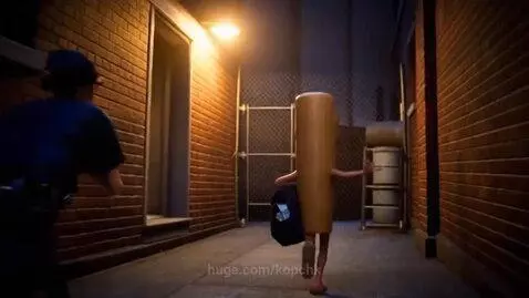 Animated hot dog character in a police chase, running with a bag of money, being pursued by officers.