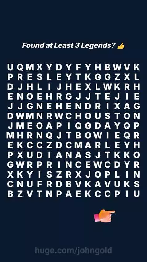 Word search puzzle on a dark blue background with music legends names hidden, asking 'Found at Least 3 Legends?'