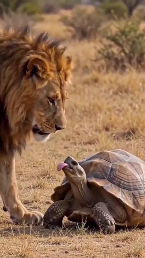 A male lion with a mane attempts to bite a tortoise's head in a savanna, with the tortoise retracting into its shell.