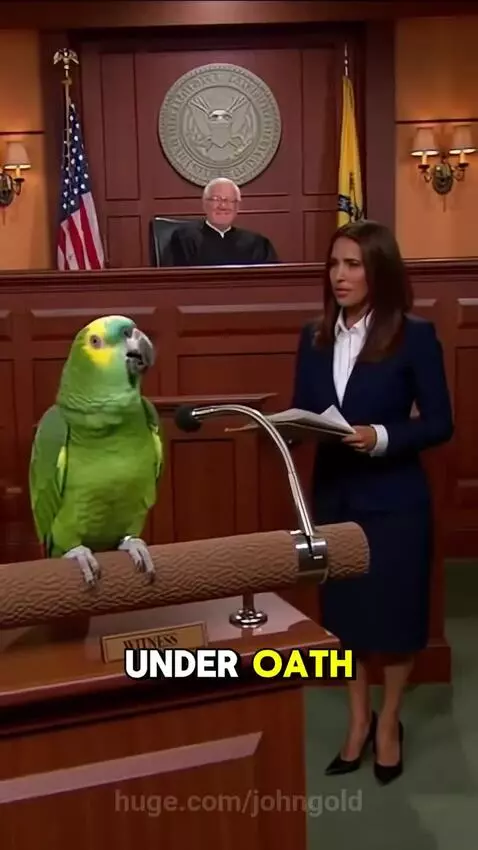 A green parrot with yellow markings sits on a witness stand in a courtroom, with a lawyer beside it.